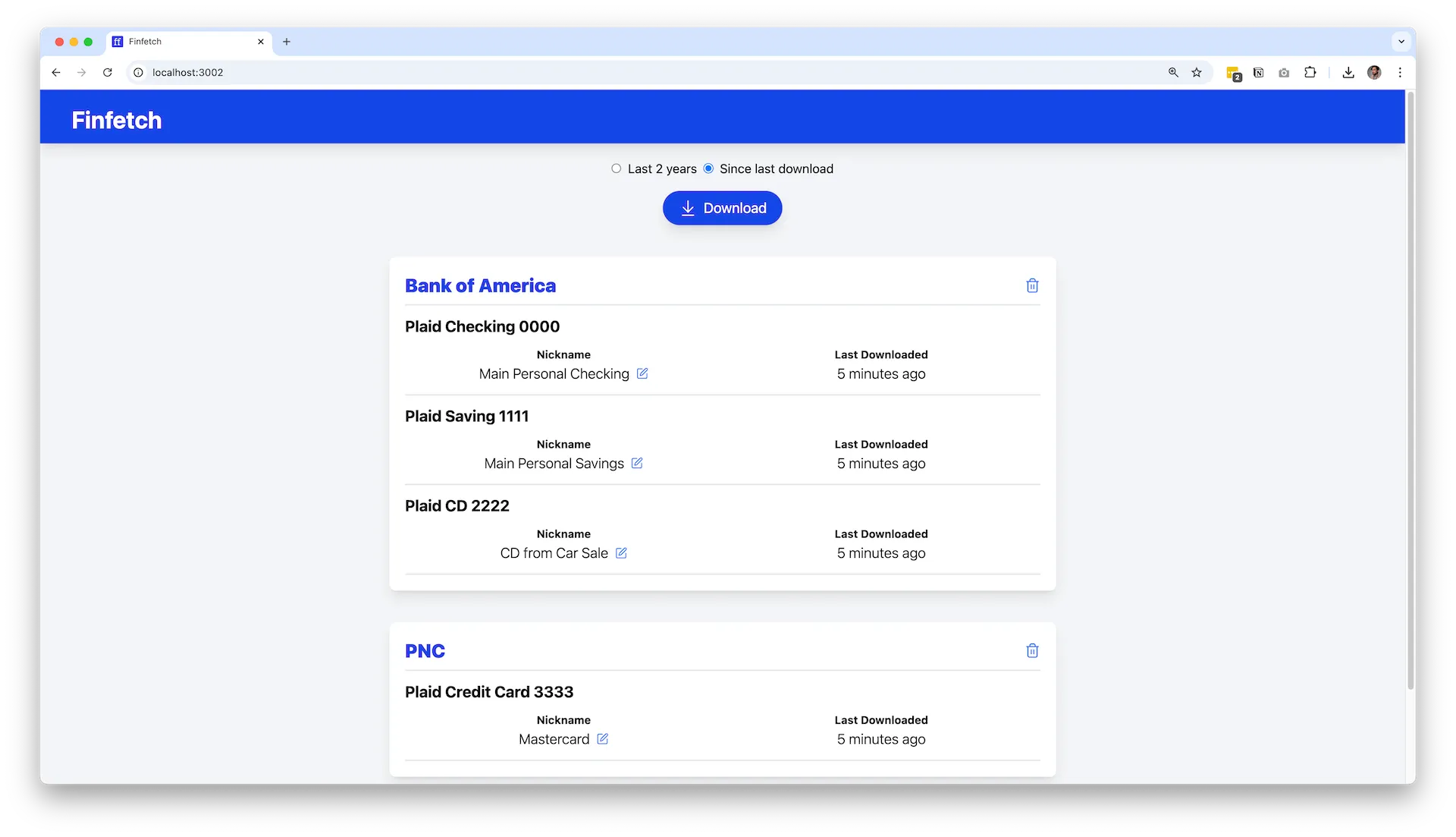 Web UI of Finfetch, showing a Download button and a list of bank accounts